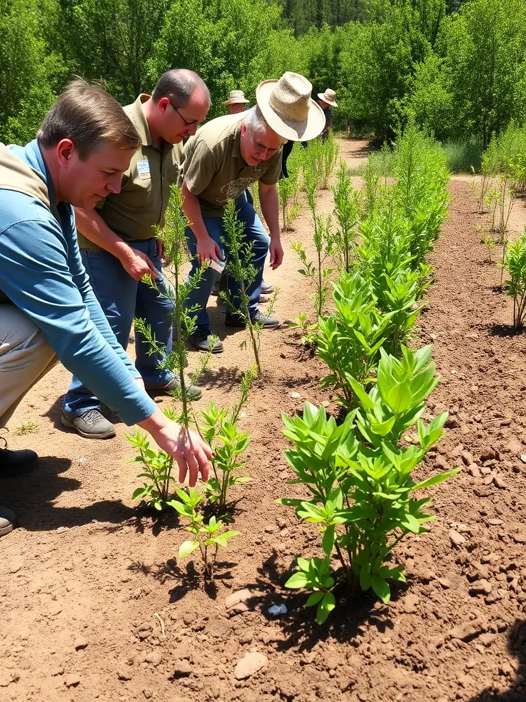 A photograph depicting volunteers participating in a habitat restoration project, planting native trees and shrubs in a deforested area, showcasing the organization's commitment to environmental conservation.