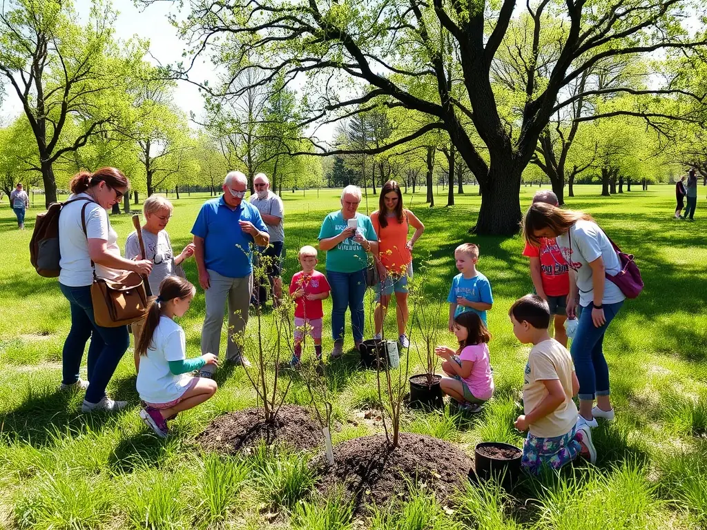 A community event with families and volunteers participating in tree planting and wildlife monitoring activities.