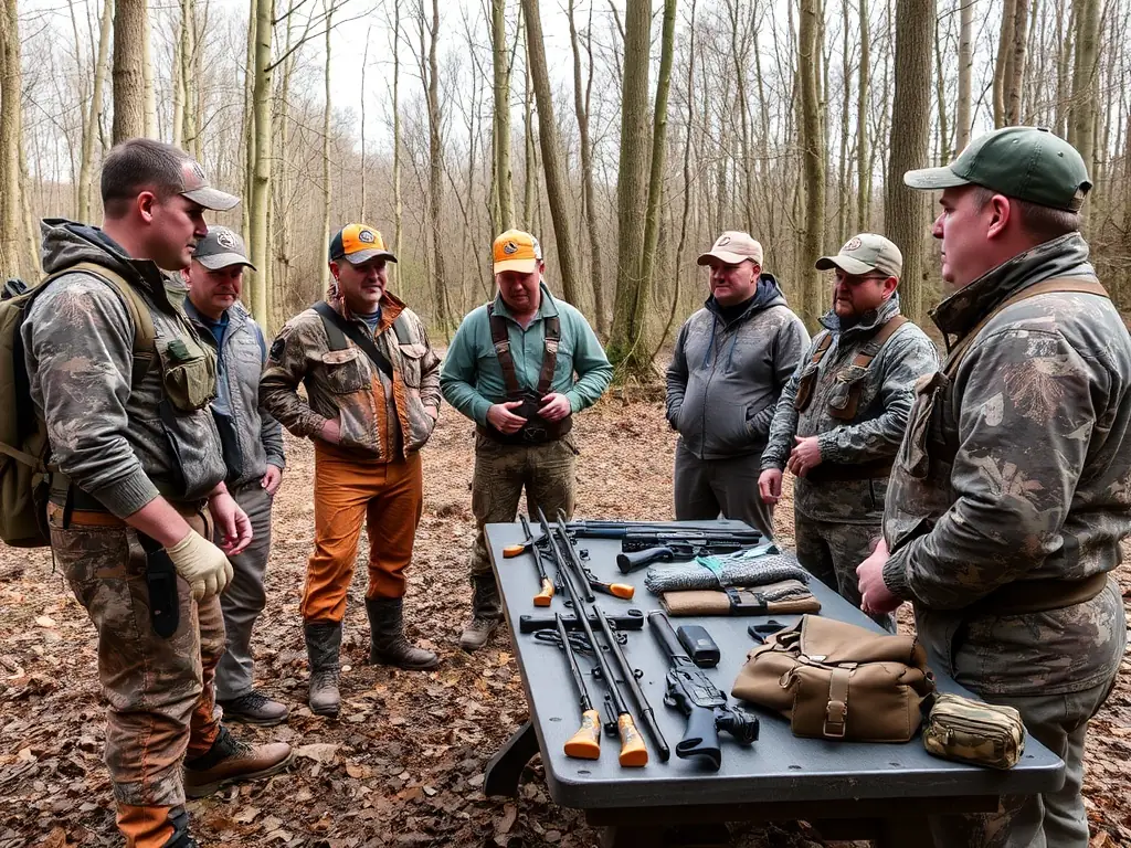 A group of hunters participating in a training session, emphasizing the importance of responsible hunting practices and ethical conduct.