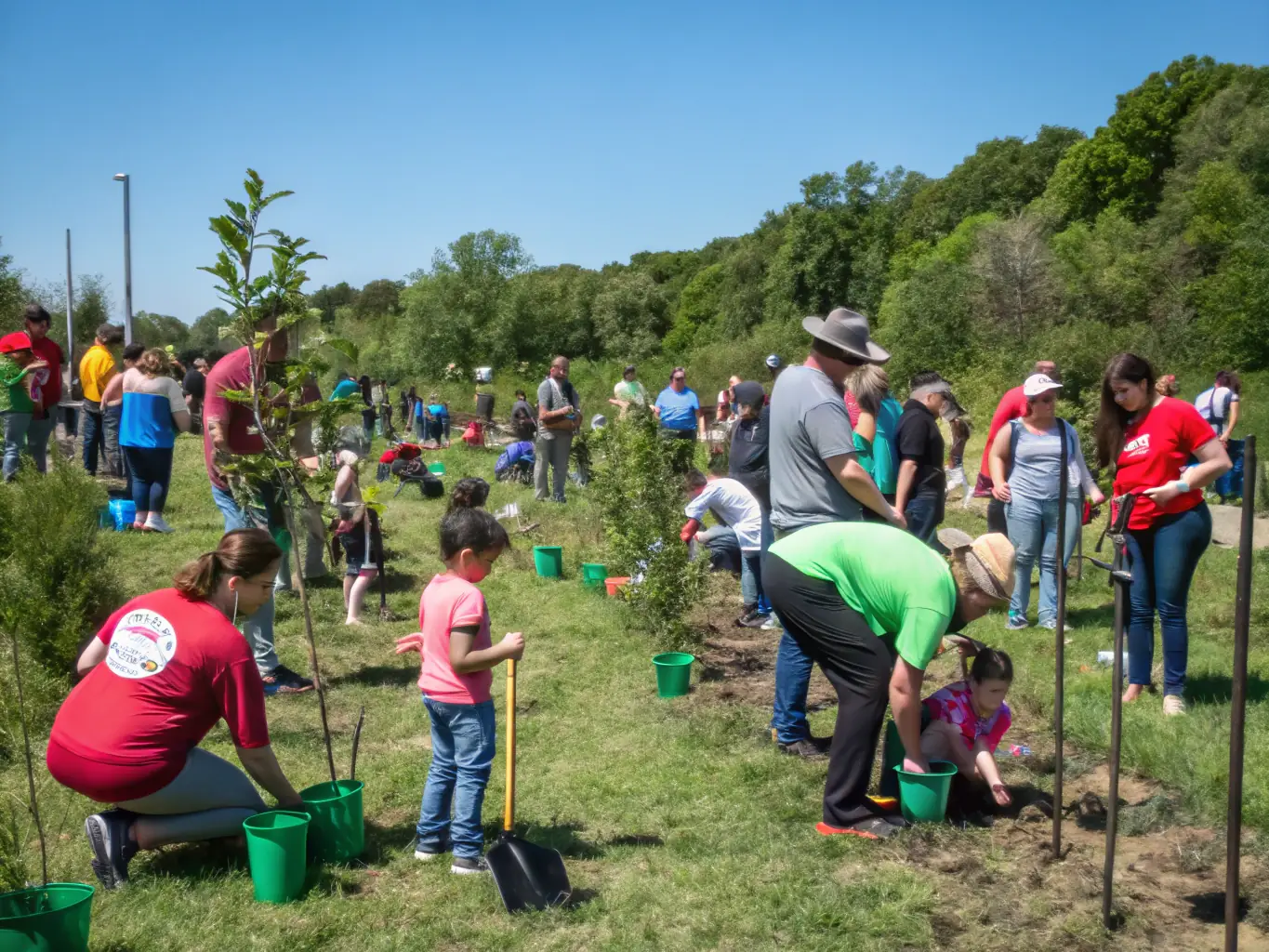 A community event with families and volunteers participating in tree planting and wildlife monitoring activities.