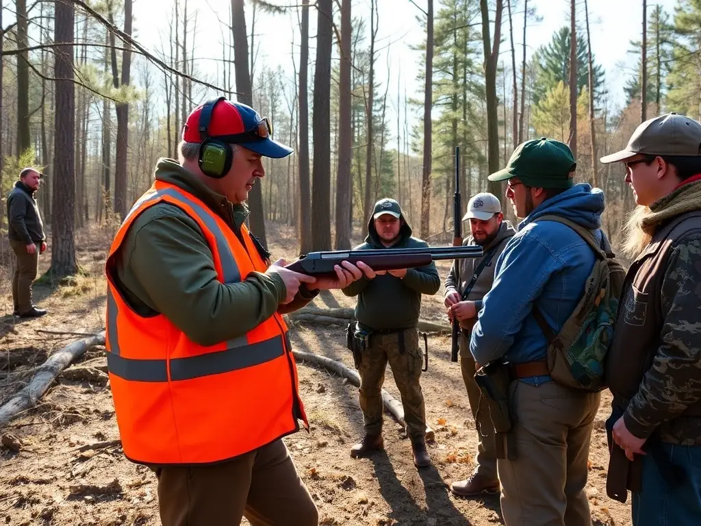 An instructor guiding hunters during a safety and ethics workshop in a natural setting.