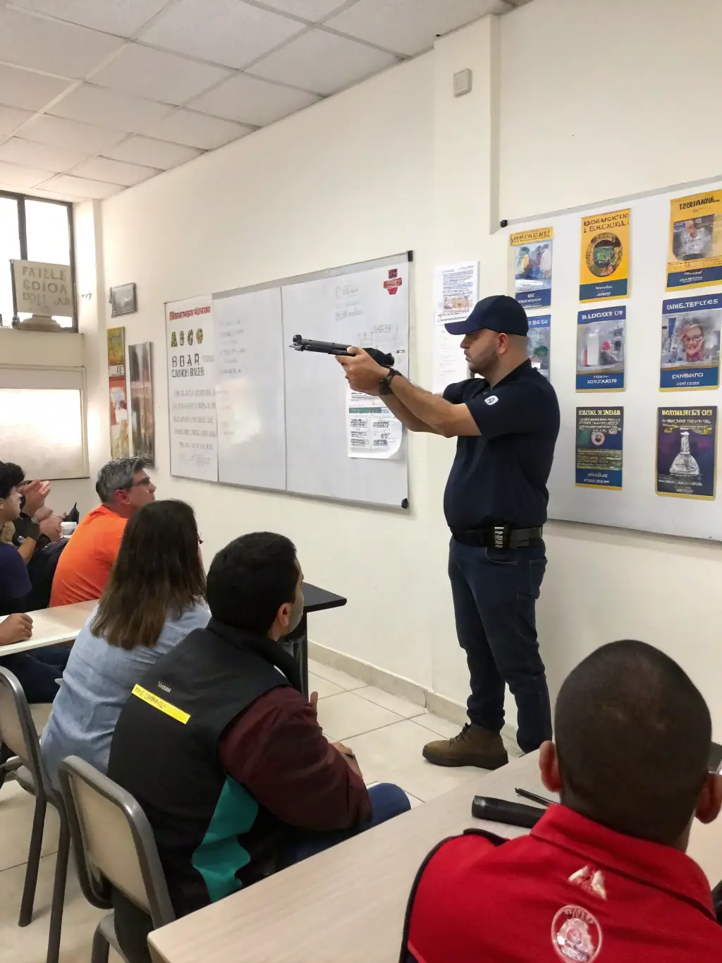 A photograph showing participants in a hunting safety course, learning about firearm handling, ethical hunting practices, and wildlife conservation laws, emphasizing the importance of responsible hunting.
