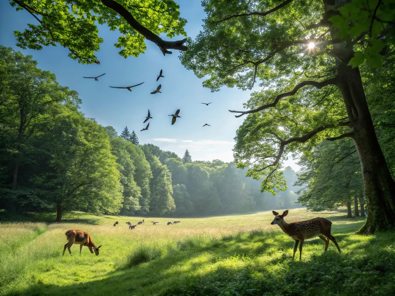 A vibrant image of a protected forest area with diverse wildlife including deer, birds, and flora, illustrating thriving ecosystems.