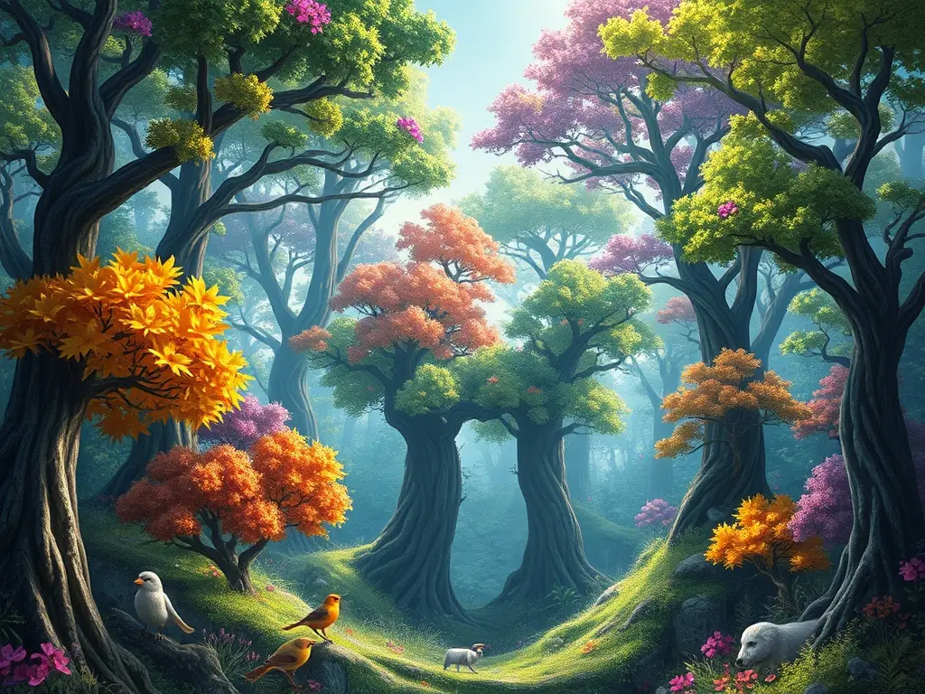 A vibrant image of a protected forest area with diverse wildlife including deer, birds, and flora, illustrating thriving ecosystems.