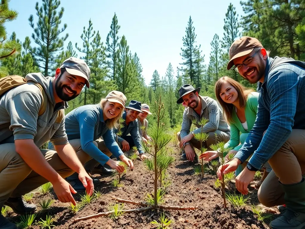 A group of volunteers planting trees in a deforested area, symbolizing habitat restoration efforts by the ASSOCIATION COMMUNALE DE CHASSE AGREEE D'ANTIGNAC.