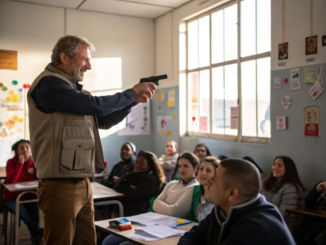 A photograph of a hunting education workshop, showing instructors teaching responsible hunting techniques to participants.